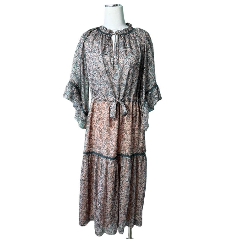 margaret o'leary Gray & Blush Floral Chiffon Tiered Boho Oversized Midi Dress S